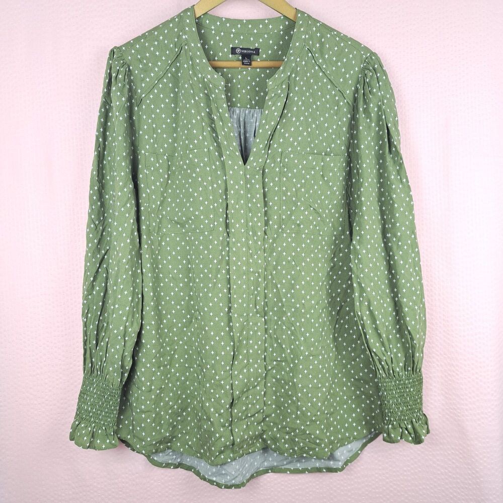 Versona Women Blouse Green Long Sleeve 100% Rayon Size L